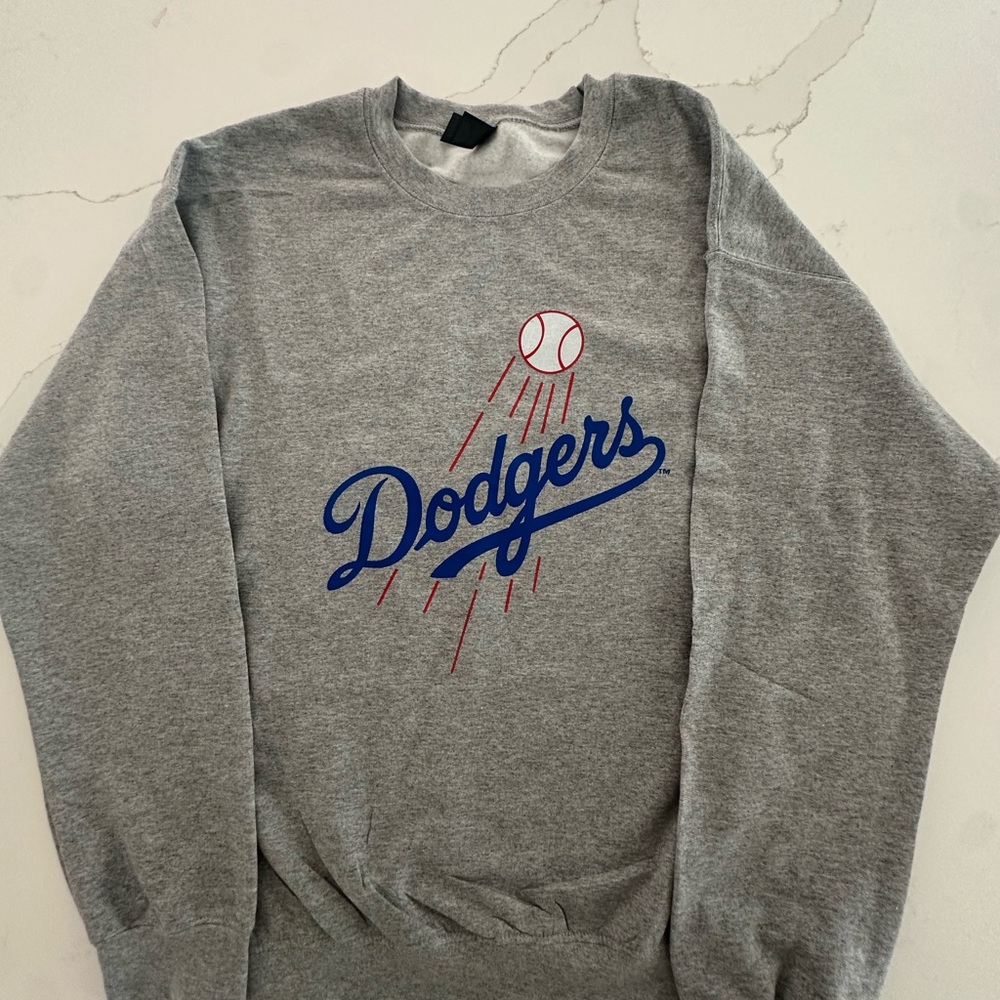 Gildan Gray Crewneck Sweater with Blue and Red Design